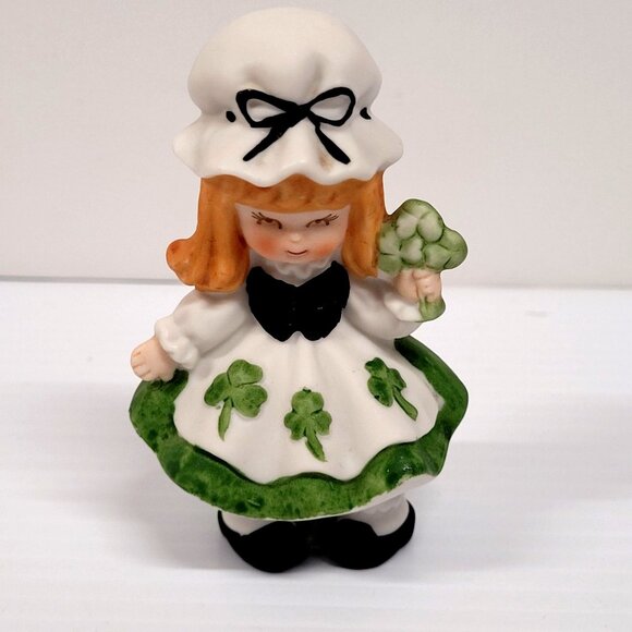 Irish Shamrock Girl Bisque Figurine Vintage Lefton 3 1/2'' St Patrick Day - Picture 1 of 7